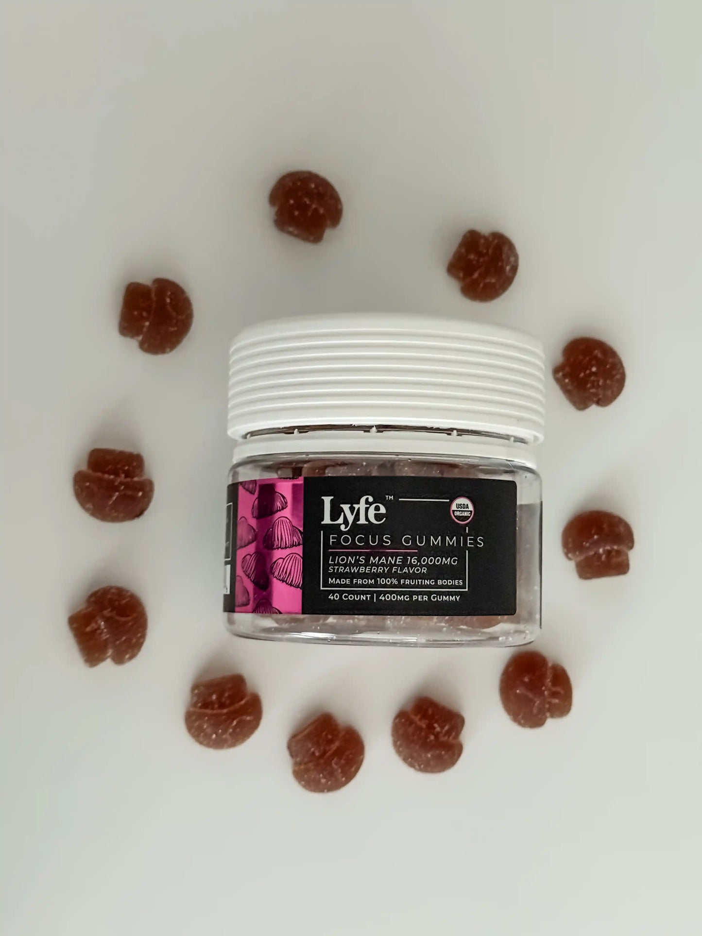 Lyfe Functional Mushrooms 
Lyfe Focus Gummies 
Lion's Mane 
Strawberry Flavor