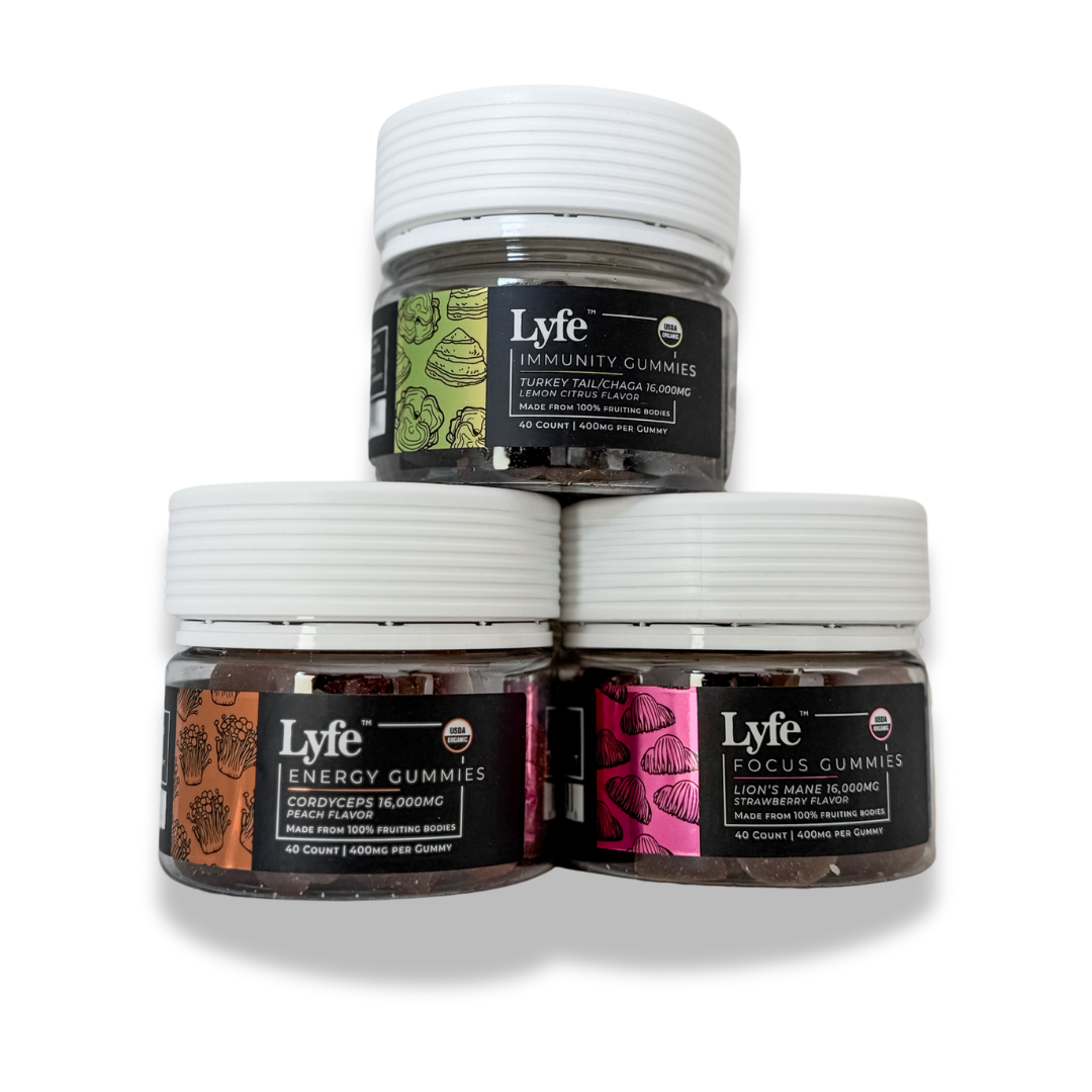 Stacked view of Lyfe mushroom gummies for immunity, energy, and focus.
