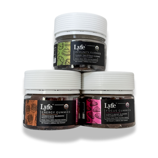 Stacked view of Lyfe mushroom gummies for immunity, energy, and focus.