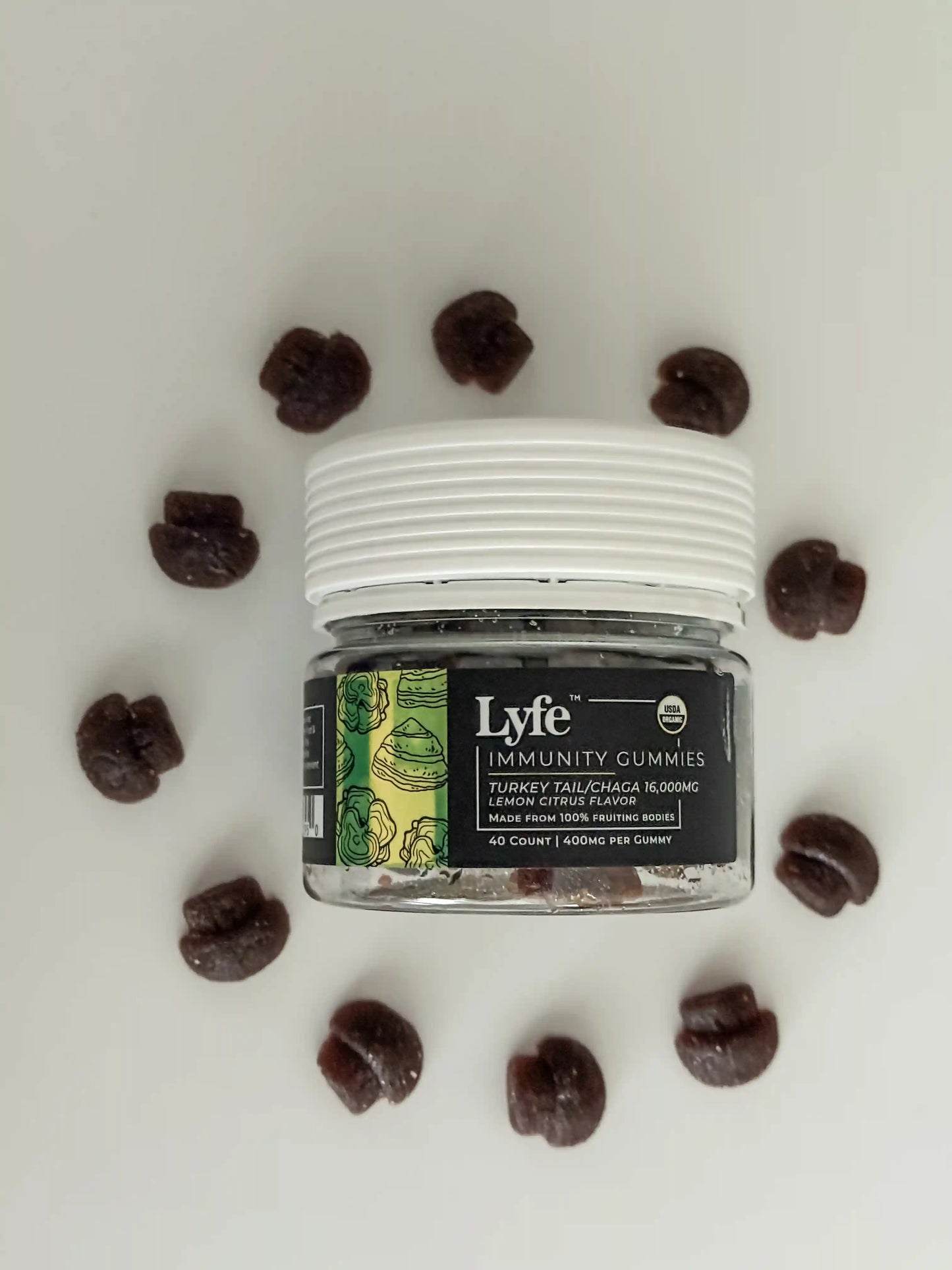 Lyfe Immunity Gummies jar featuring Turkey Tail and Chaga mushroom extract, lemon citrus flavor, USDA Organic label, 40 count, 400mg per gummy – functional mushroom supplement for immune support.