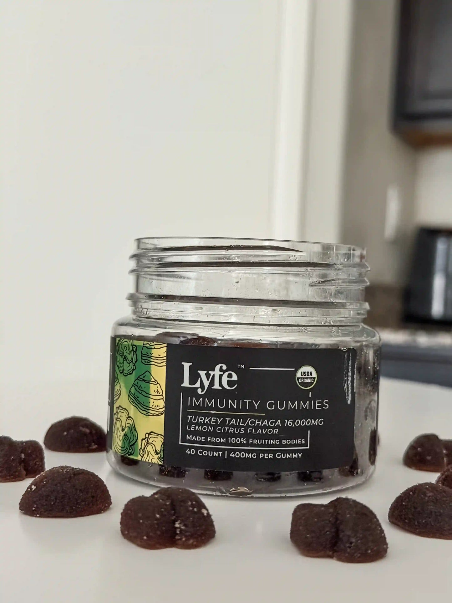 Lyfe Immunity Gummies jar featuring Turkey Tail and Chaga mushroom extract, lemon citrus flavor, USDA Organic label, 40 count, 400mg per gummy – functional mushroom supplement for immune support.