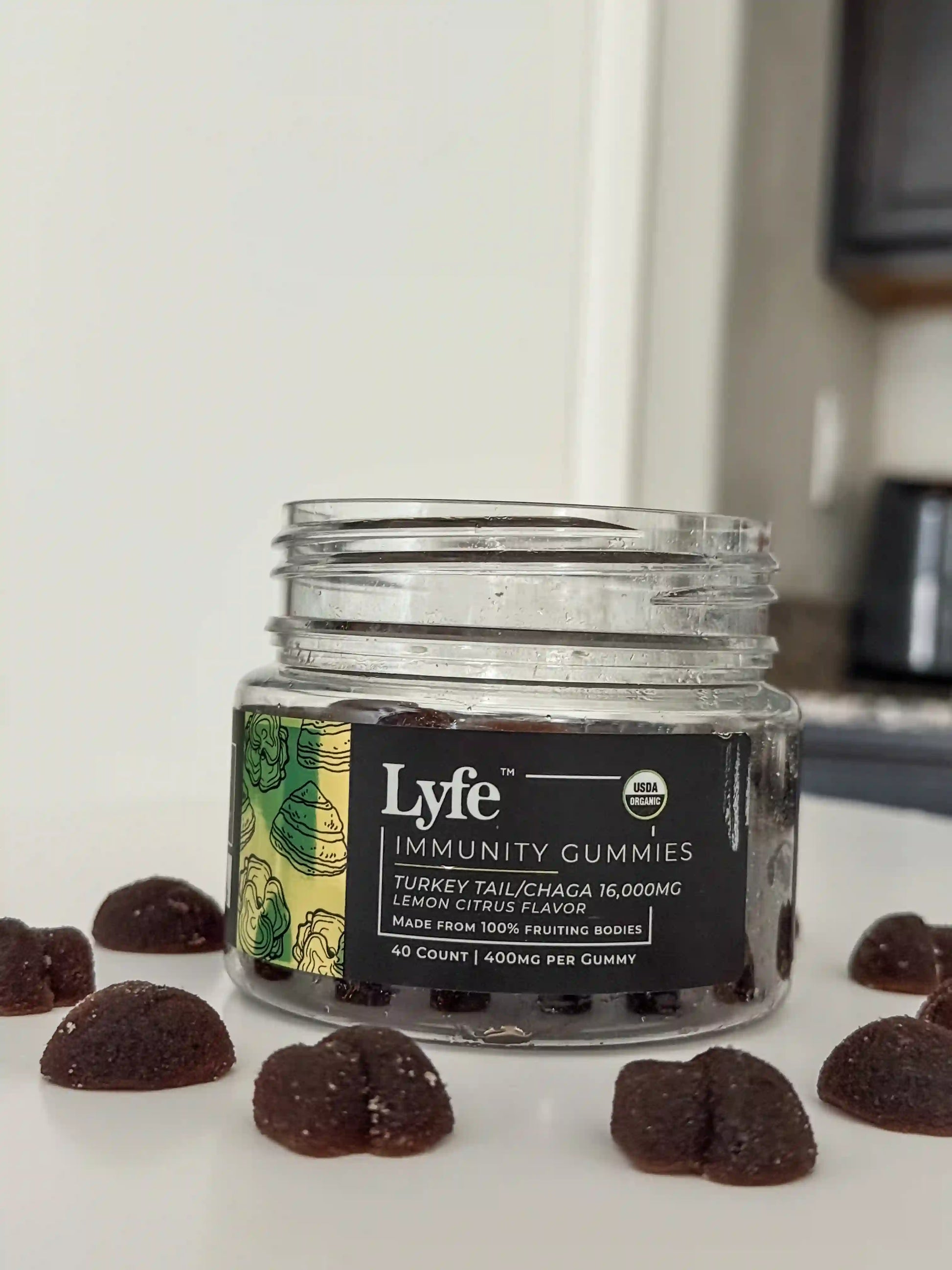Lyfe Immunity Gummies jar featuring Turkey Tail and Chaga mushroom extract, lemon citrus flavor, USDA Organic label, 40 count, 400mg per gummy – functional mushroom supplement for immune support.