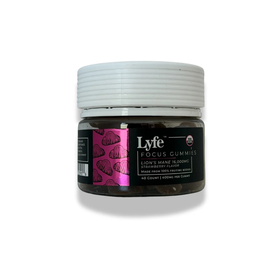 Lyfe Focus Gummies with Lion’s Mane and strawberry flavor on white background.