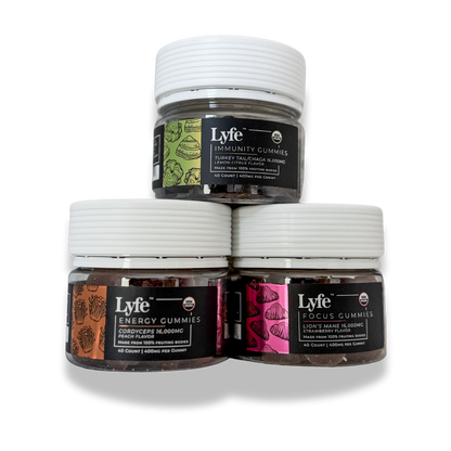 Stacked view of Lyfe mushroom gummies for immunity, energy, and focus.

